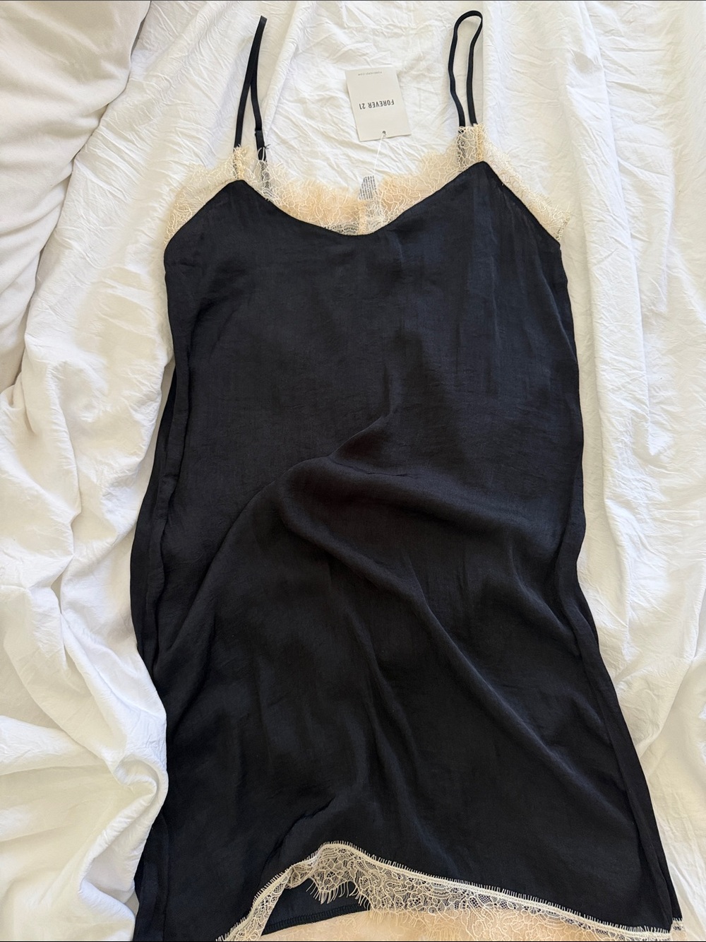 Forever 21 Black Slip Dress with Cream Lace Trim